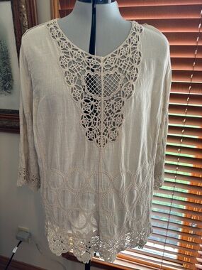 C Est. 1946 Boho Embroidered Lace Tunic Blouse Cream Ivory XL